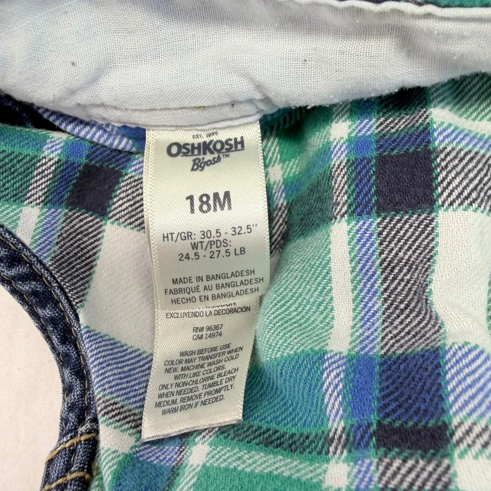 OshKosh B'gosh Denim Overalls Baby 18M Plaid‎ Lined Blue Carpenter Workwear